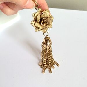 Vintage Large Brass Tone Carved Metal Rose Flower Tassel Chain Statement Pendant